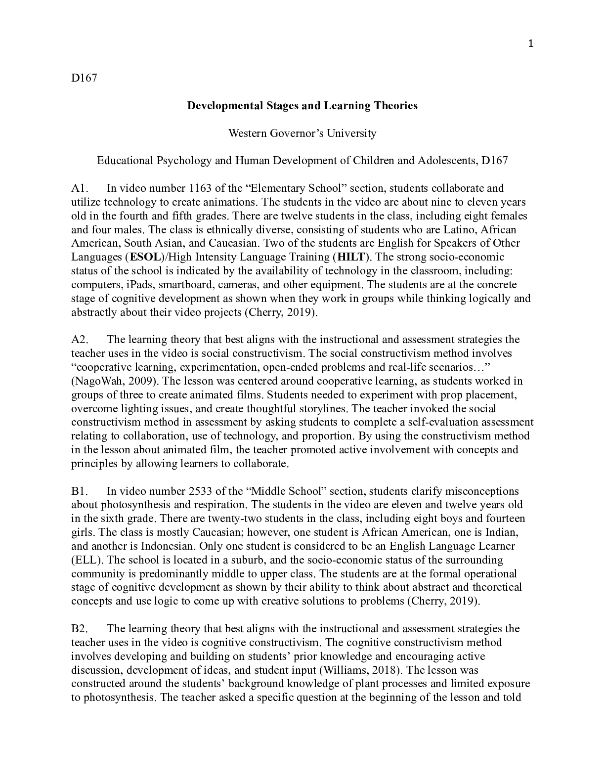 Preview of Developmental Stages and Learning Theories   Task 1.docx  D167  Developmental Stages and L